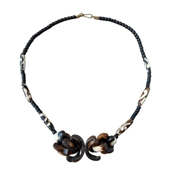 Vintage Bohemian Beaded Necklace With Carved Wood & Horn Accents For Women - Picture 1 of 5